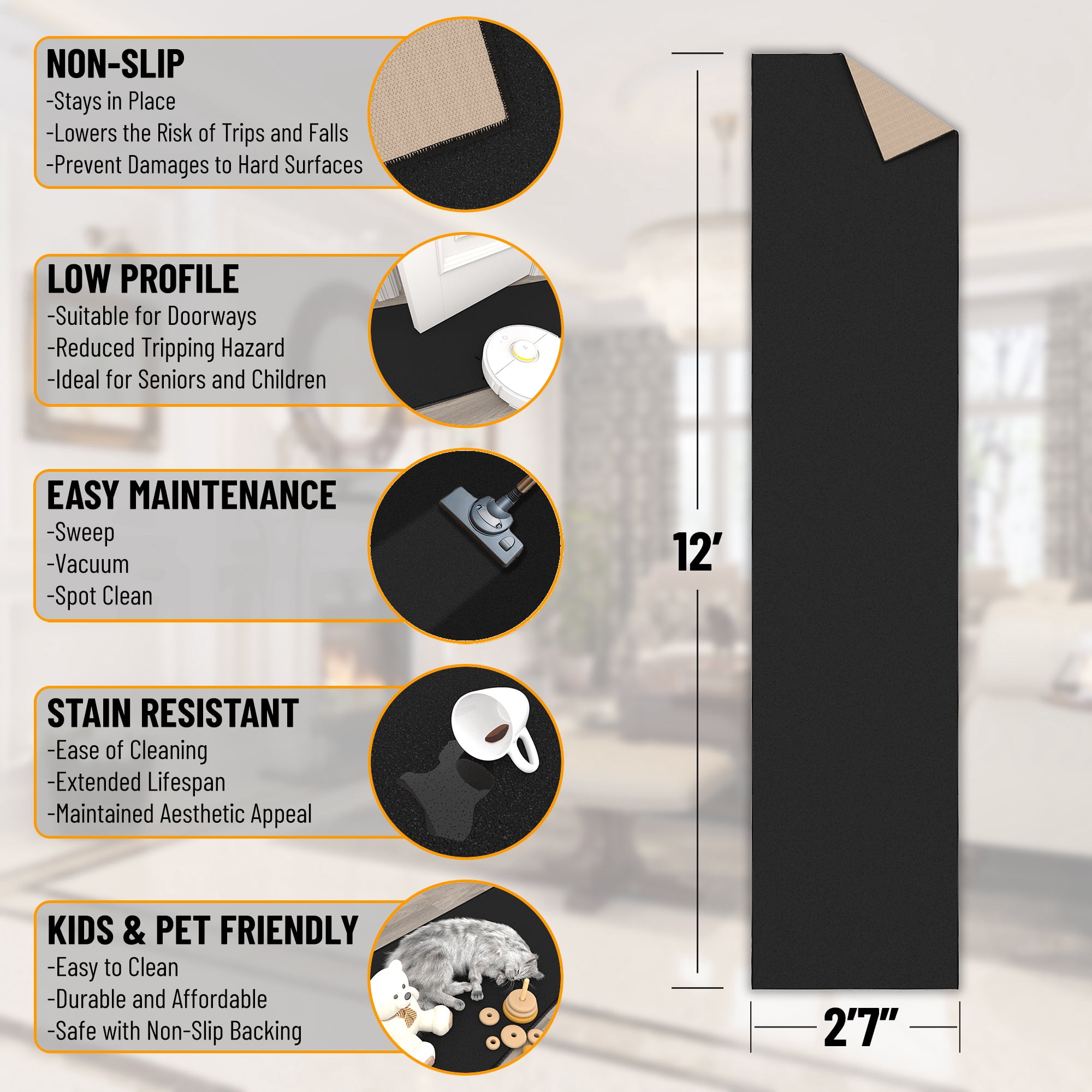 Sweet Home Stores Non-Slip Rubberback Solid 3x12 Runner Rug, 2'7" x 12', Black