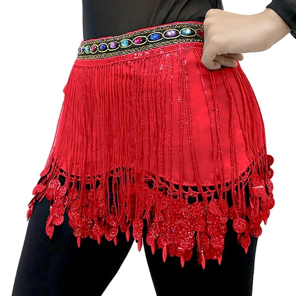 Belly Dance Hip Scarf With Sequins Performance Waist Chain Skirt For Dance Parties And Festive Stage Shows Skirt Red One Size