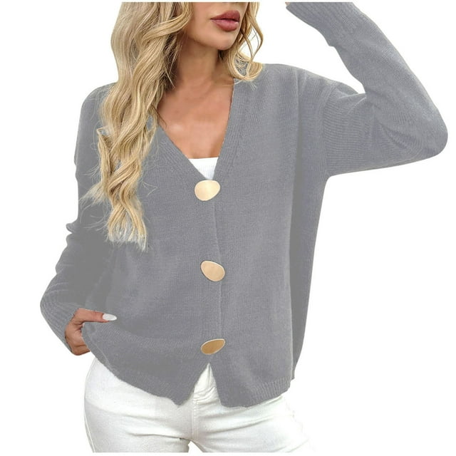 HAiming Womens Cardigan V Neck Button down Long Sleeve Solid Color Casual Coat Fall Winter Trendy Clothes