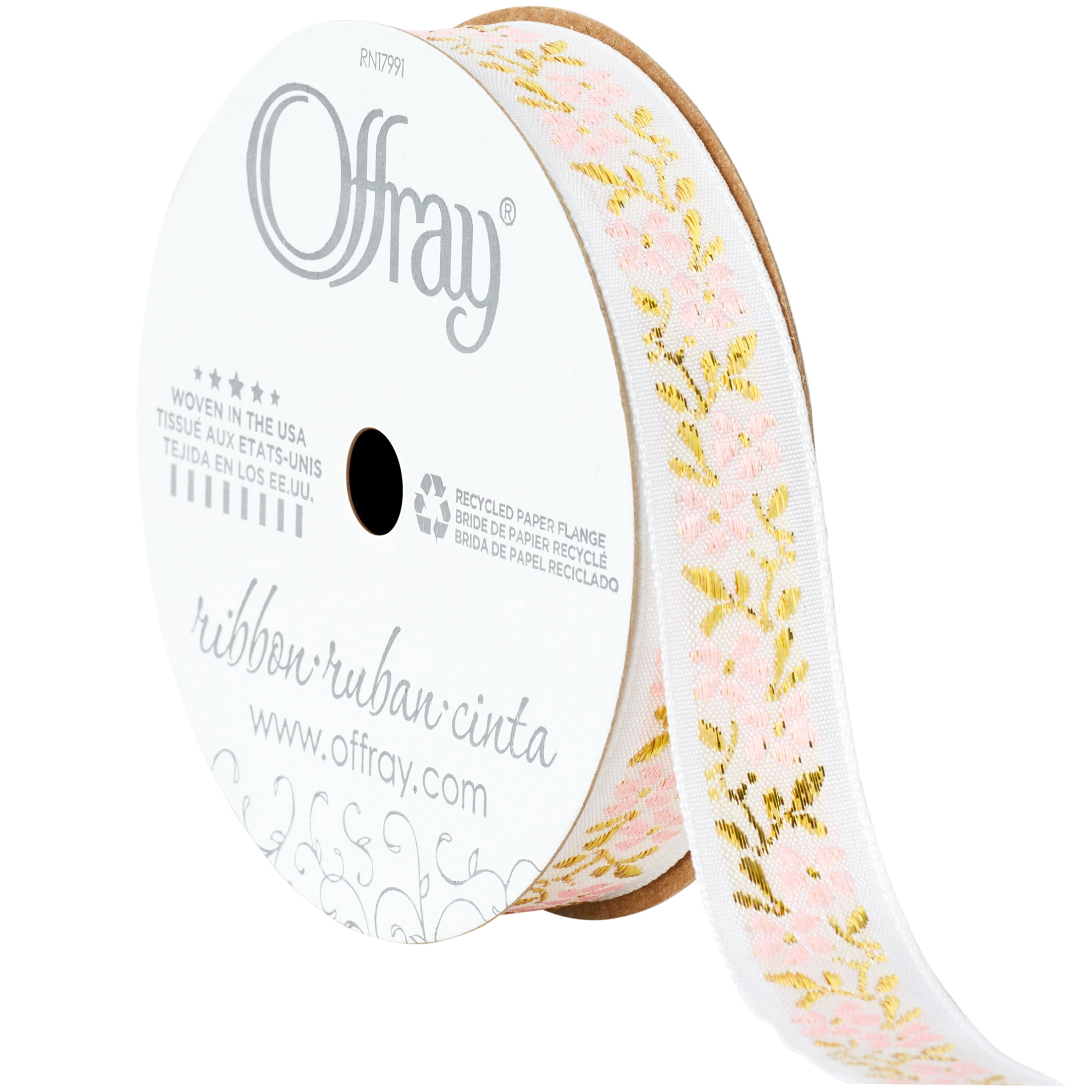 Offray Ribbon, White 5/8 inch Floral Jacquard Ribbon for Wedding, Crafts, Gifting, 9 feet, 1 Each