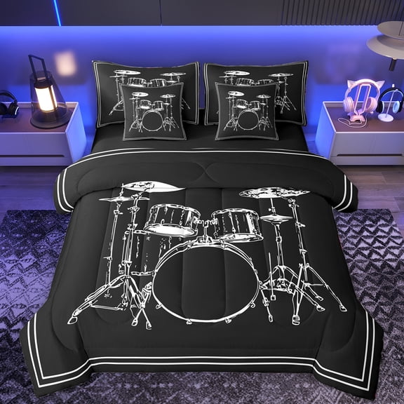 Manfei Drum Kit 7-Piece Twin Bedding Sets,Music Instrument Bedding Comforter Set,White Black Sheet Sets For Boys Kids,Breathable Home Decor Reversible