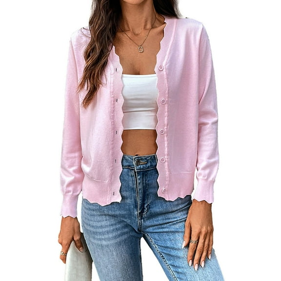 Cogild Long Sleeve Button Front Cardigans for Womens Lightweight Solid Color Tops with Unique Scalloped V-Neckline Fall Cardigans for Womens Casual and Stylish Cardigans