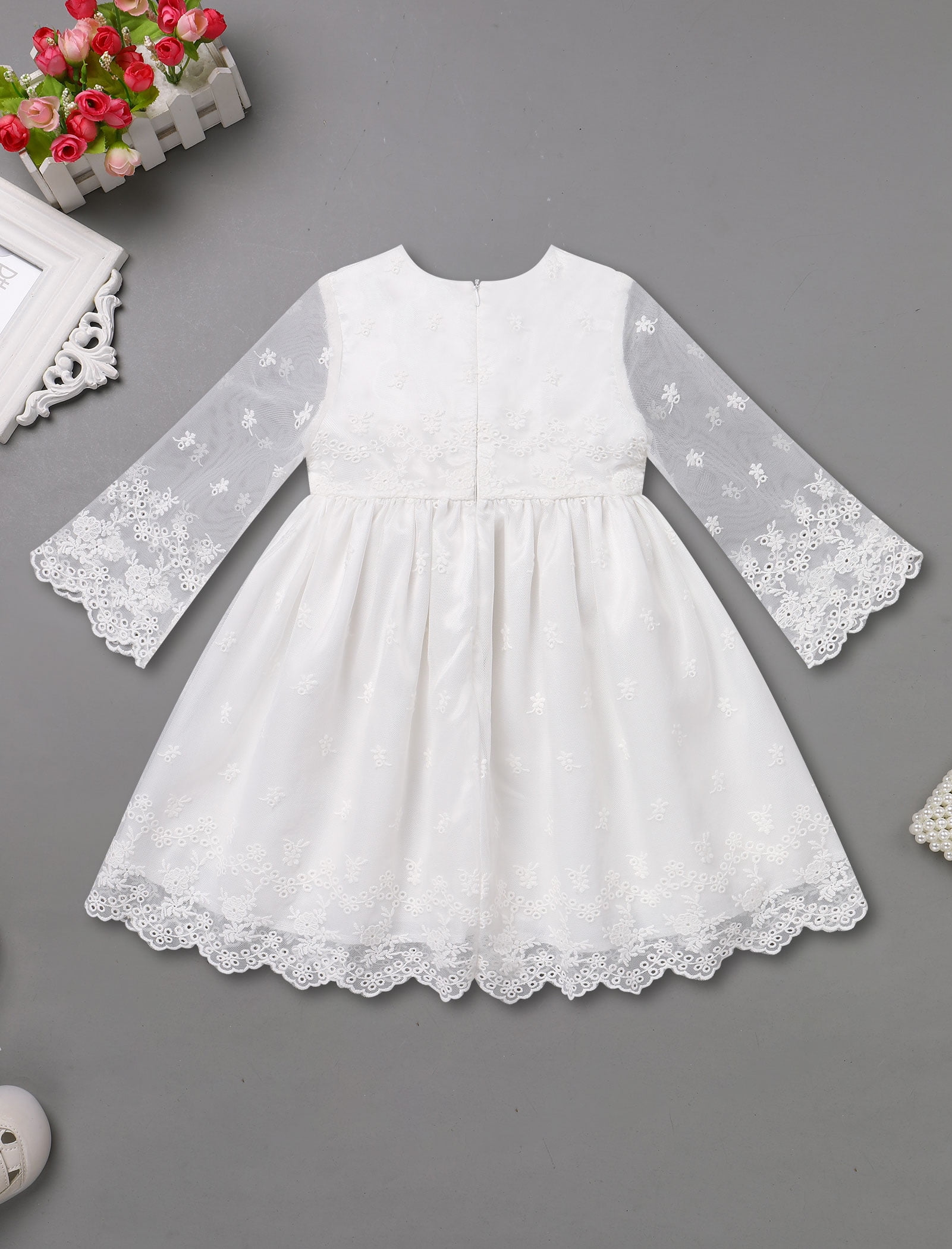 FYMNSI Baby Christening Dress White Baptism Gowns for Girl Infant Lace Long Sleeve Tulle Outfits 9-12 Months