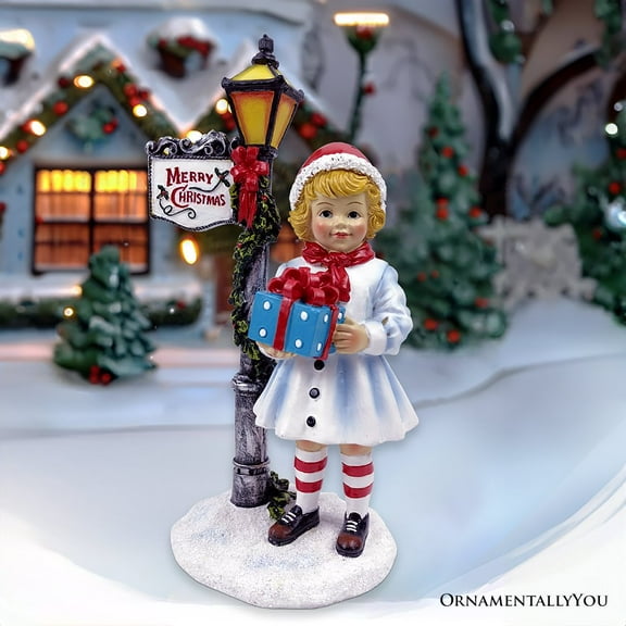 Victorian Style Christmas Girl and Street Lamp Tabletop Figurine, 8" Vintage Holiday Statue of a Gift Carrying Belle