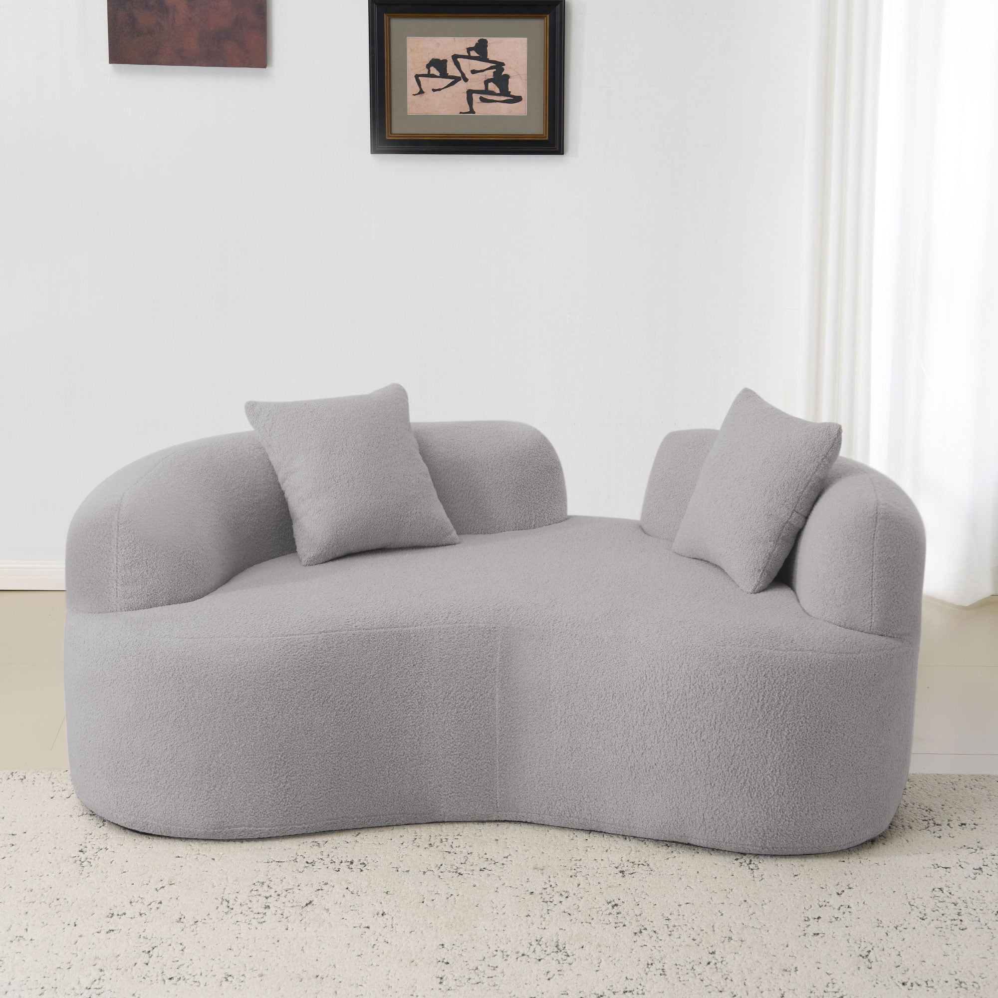 66.93 Inch Curved Loveseat, Grey Full Compression Sponge Sofa, Teddy Velvet Fabric, No-Assembly Compact Sofa for Small Spaces & Apartments, 350 lbs Capacity