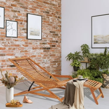 Zimtown Wood Chaise Chair, Wooden Folding Chair for Outdoor and Indoor, Acacia Wood Lounge Chair w/ Armrest