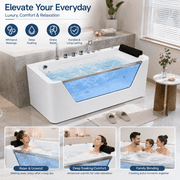 67 Luxury Whirlpool Bathtub with Panoramic Glass Window | 7 Hydro-Massage Jets, Waterfall Faucet & LED Chromatherapy | 1HP 750W Motor, Acrylic Spa Jetted Tub (110V) –Middle Drain