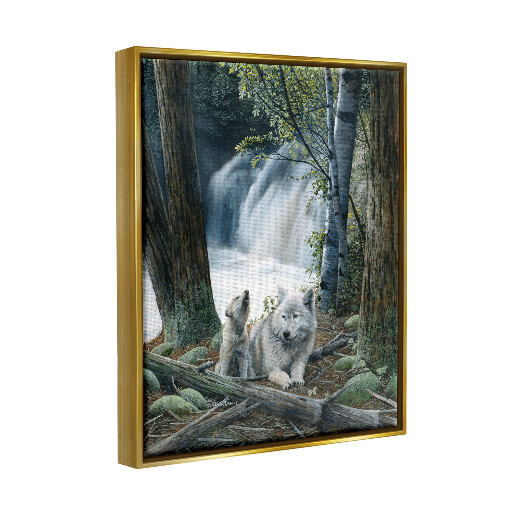 Stupell Industries Wolves by Forest Waterfall Animals & Insects Painting Gold Floater Framed Art Print Wall Art, 25 x 31