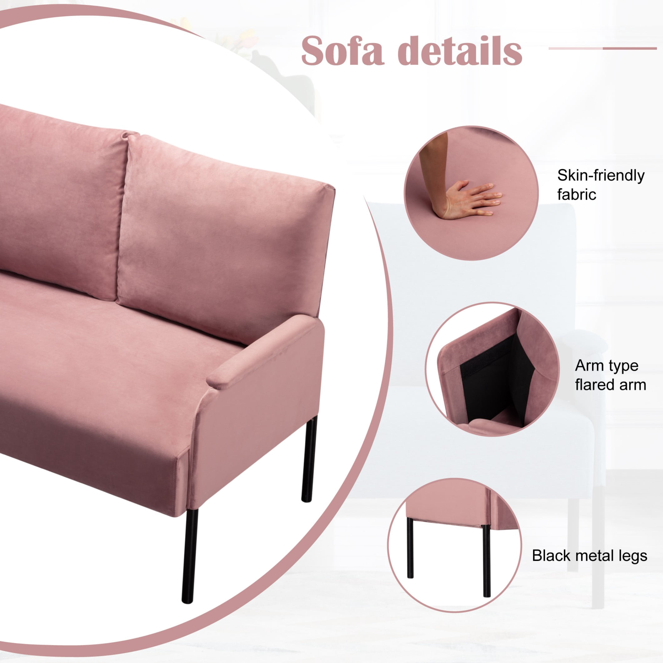 BSHTI 45.7" Metal Frame Loveseat Couch – Solid Wood & Iron Combination, High-Density Foam Seat, Removable Washable Back Cushion, for Small Spaces, Apartments，Pink