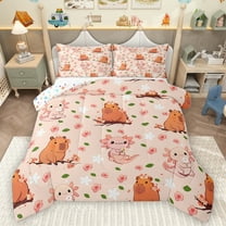 Homewish Cartoon Animal Cypabara Bedding Comforter Set,Cute Axolotl Twin Comforter Sets,Pink Cherry Blossom Bedding Set For Girs Teens,Breathable Home Decor Reversible,2-Piece