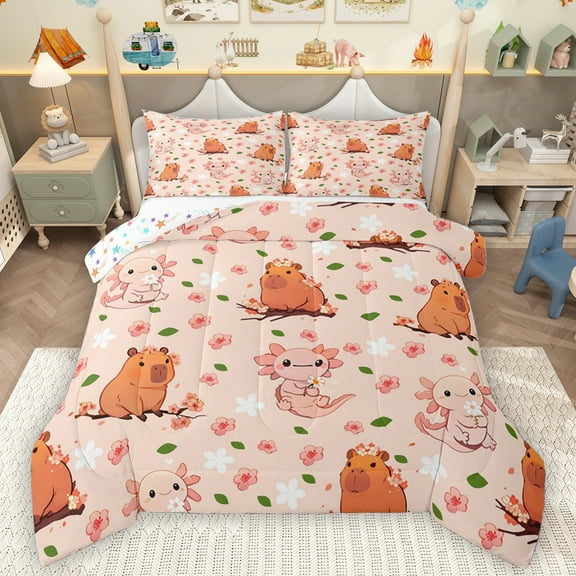 Homewish Cartoon Animal Cypabara Bedding Comforter Set,Cute Axolotl Twin Comforter Sets,Pink Cherry Blossom Bedding Set For Girs Teens,Breathable Home Decor Reversible,2-Piece