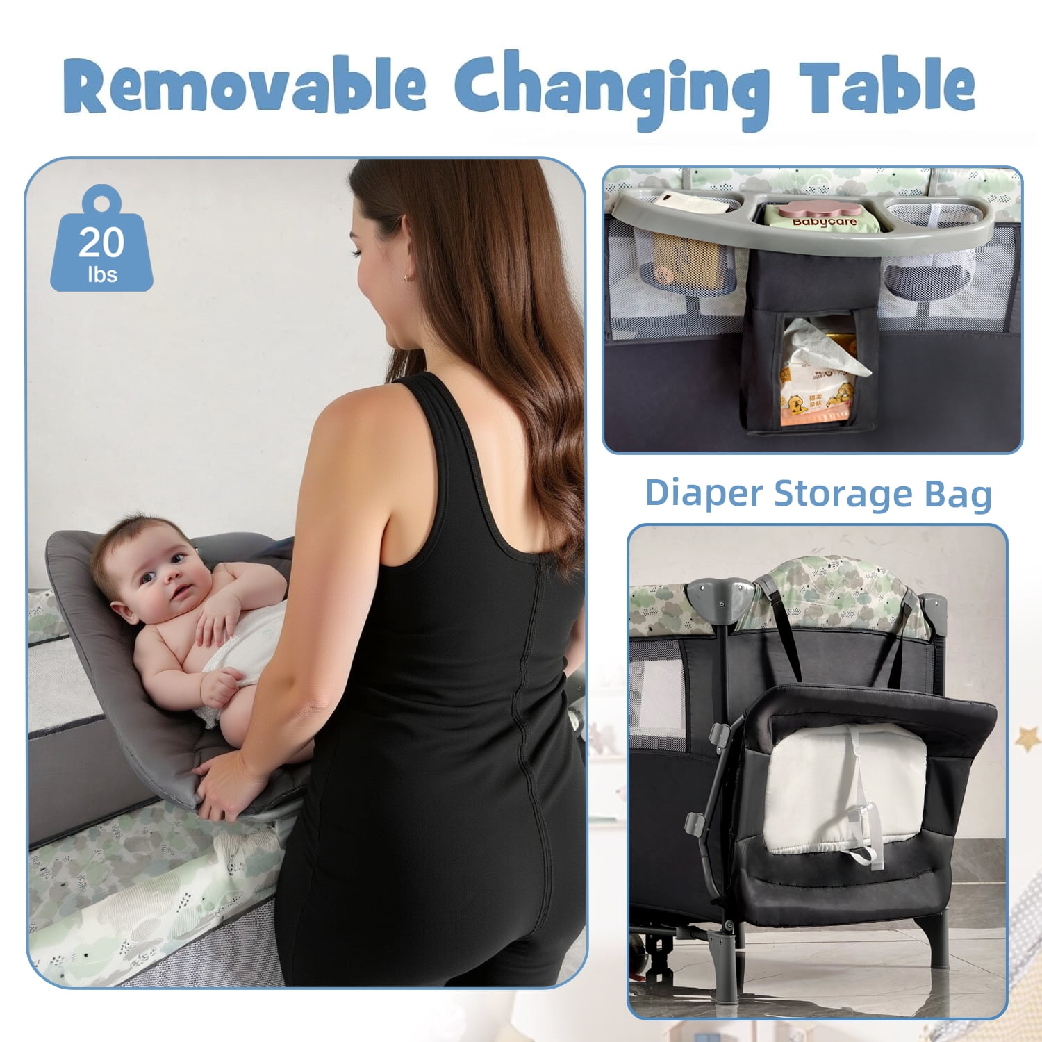 Pack and Play with Bassinet 4-in-1 Baby Playard with Changing Table Wheels Music Box,Foldable Playard for Baby Toddler(Black)