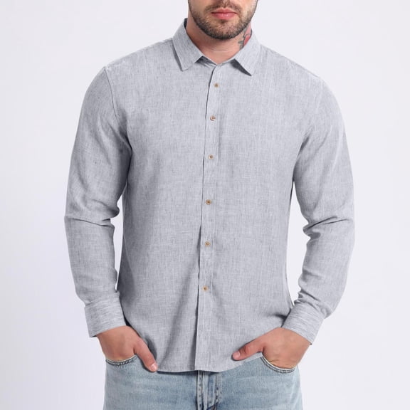 Yusimy Mens Long Sleeve Button Down Shirt Fashion Casual Loose Fit Stretchy Vintage Linen Blend Gold Stripe Spread Collar for Casual Outings Daily Wear