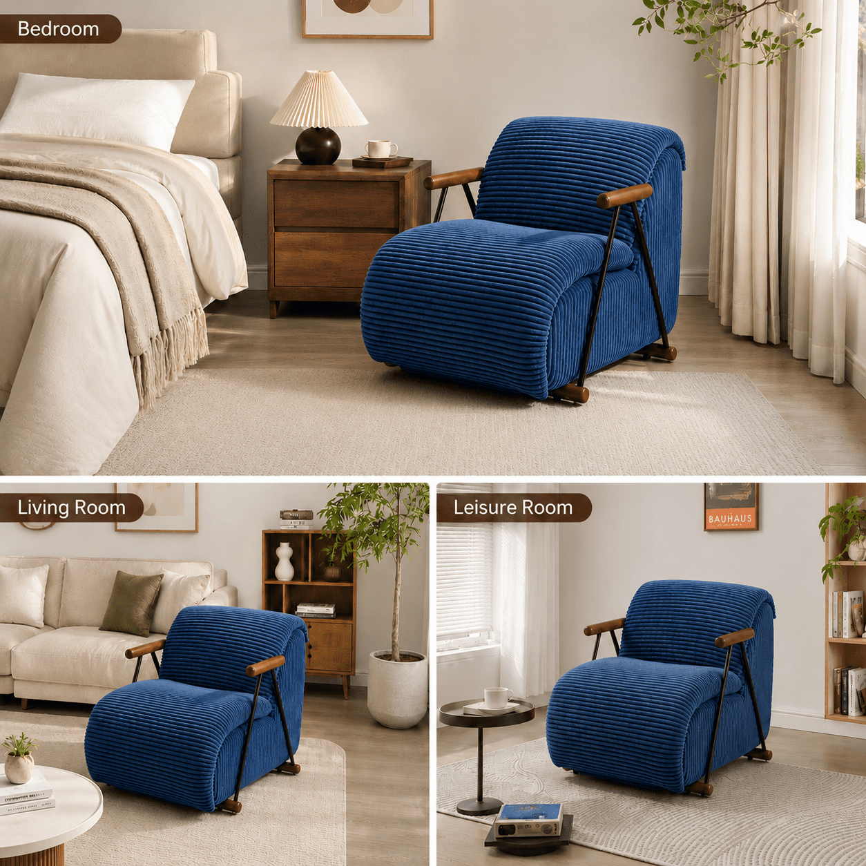 MOONMISS Corduroy Accent Chair, Upholstered Lounge Armchair with Solid Wood Armrests & Minimalist Metal Frame for Living Room, Bedroom,Navy Blue
