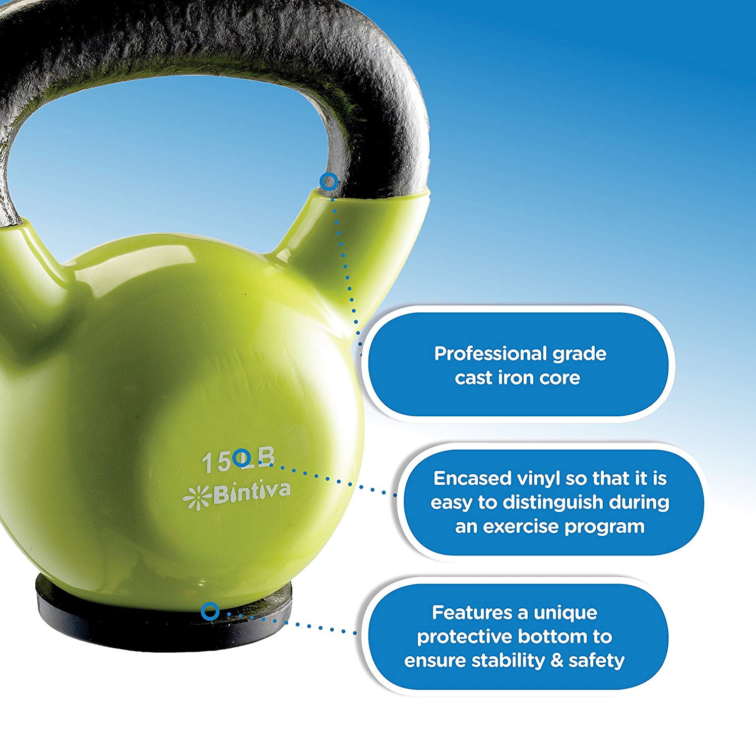 bintiva professional grade, vinyl coated, solid cast iron kettlebells - blue 20lb