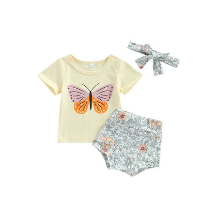

Suanret Infant Baby Girls 3Pcs Clothes Outfits Short Sleeve Butterfly Printed T-Shirt + Flower Shorts + Headband Light Yellow 6-12 Months