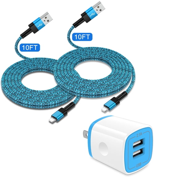 Zacenei iPhone Charger Block,1Pack 2.1A Dual USB Charger Blockw/ 2Pack iPhone Charging Cable 10ft Charger Cords USB Wall Charger Power Adapter Plug Fast Charging Block Compatible for iPhone 14 13 12