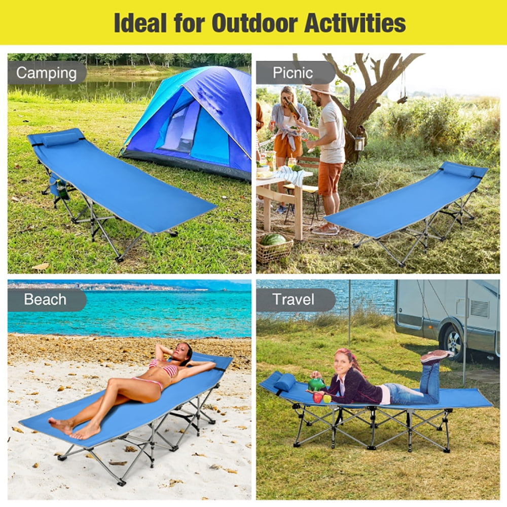 Aimee Lii Folding Camping Cot with Side Storage Pocket Detachable Headrest, Folding Sleeping Cot for Camping, Blue