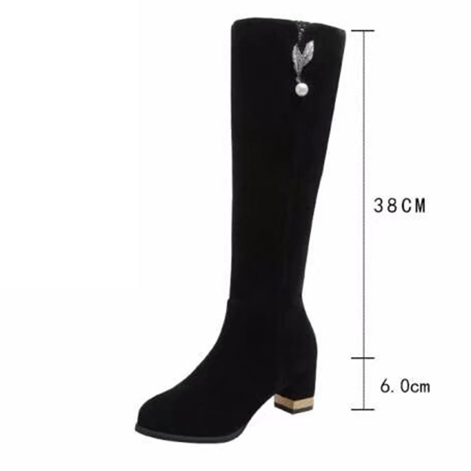 KmaiSchai Tall Black Boots Women Women'S Shoes Fashion Solid Color Suede  Long Boots Pearl Rhinestone Leaf Thick Heel High Heel Knee Boots Knee High 