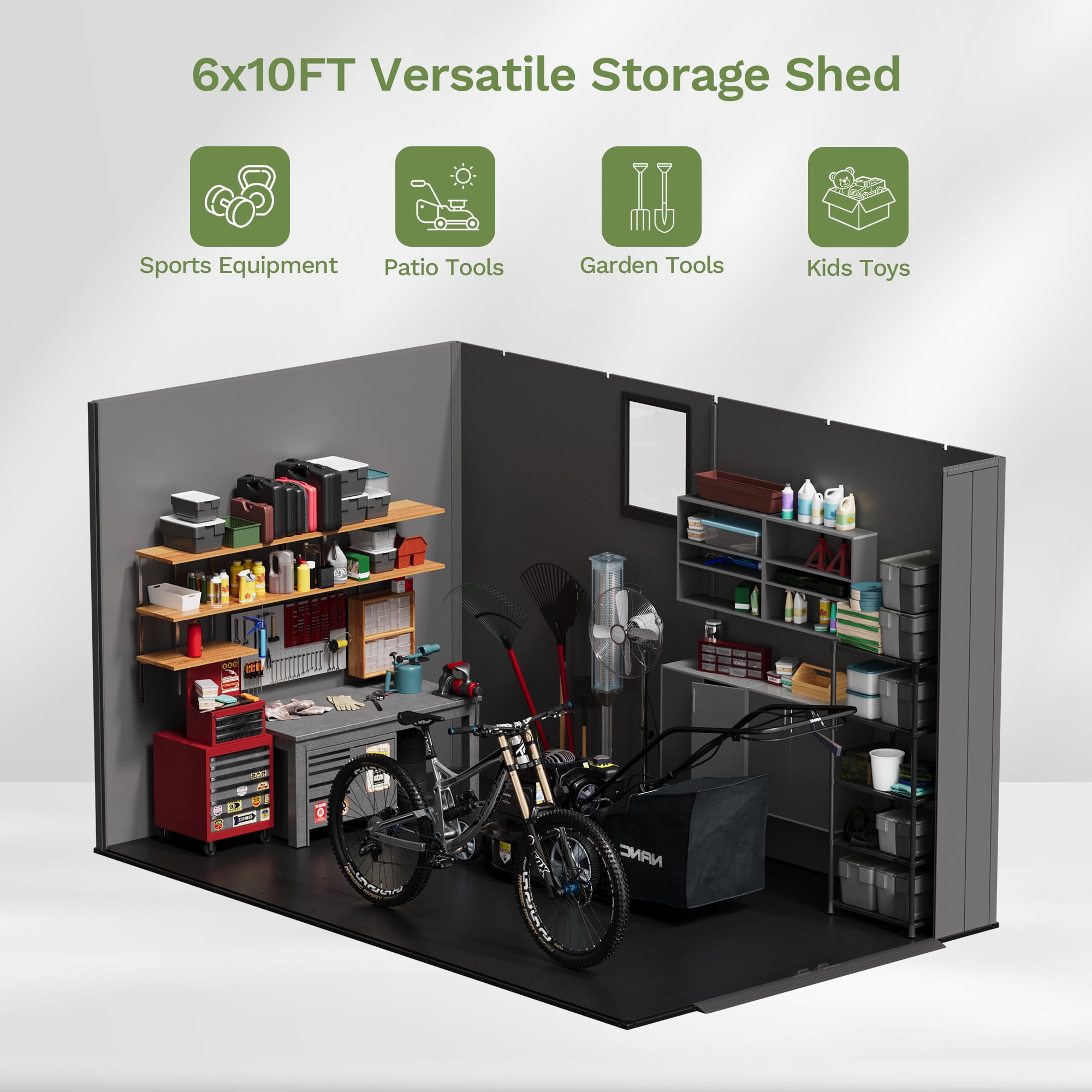 Homall6x10ft Outdoor Plastic Storage Shed with Window,Weather-Resistant, Easy Assembly, Wood-Effect Garden Tool House,Dark Gray