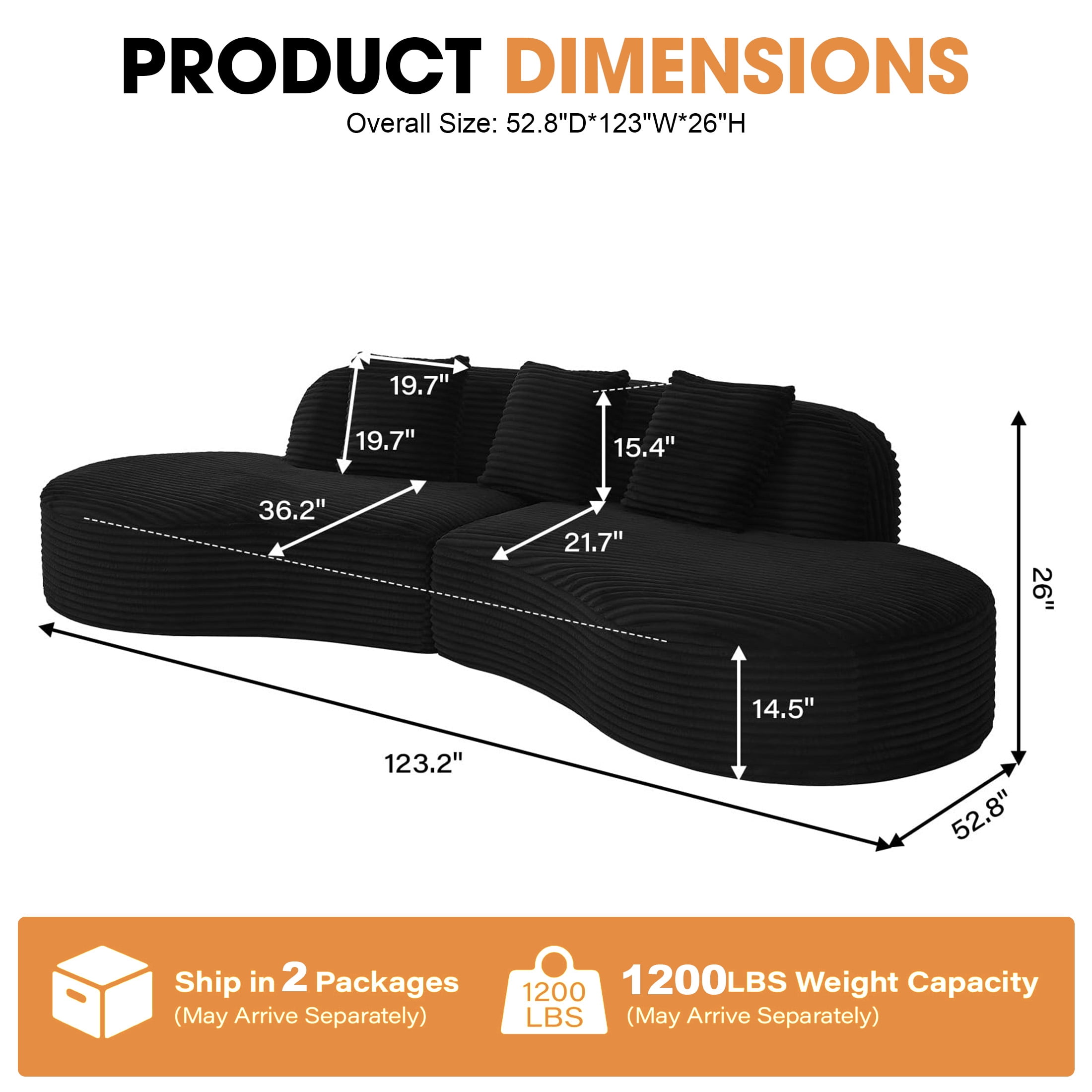 Aukfa 123.2" Oversized Cloud Sectional Sofa – Curved Upholstered Living Room Couch with 3 Pillows, No Assembly, Black
