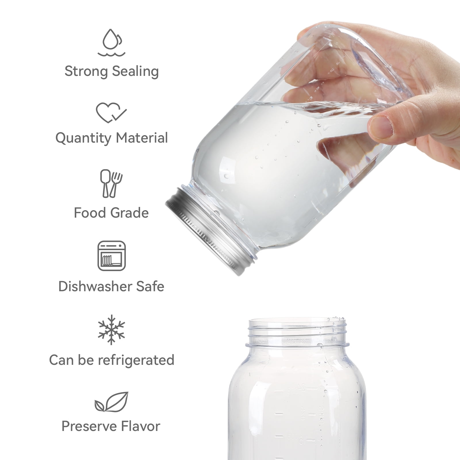 Novelinks 32oz Plastic Jars with Lids 12 Pack Clear Containers Airtight Food Storage Containers for Kitchen & Household,Silver