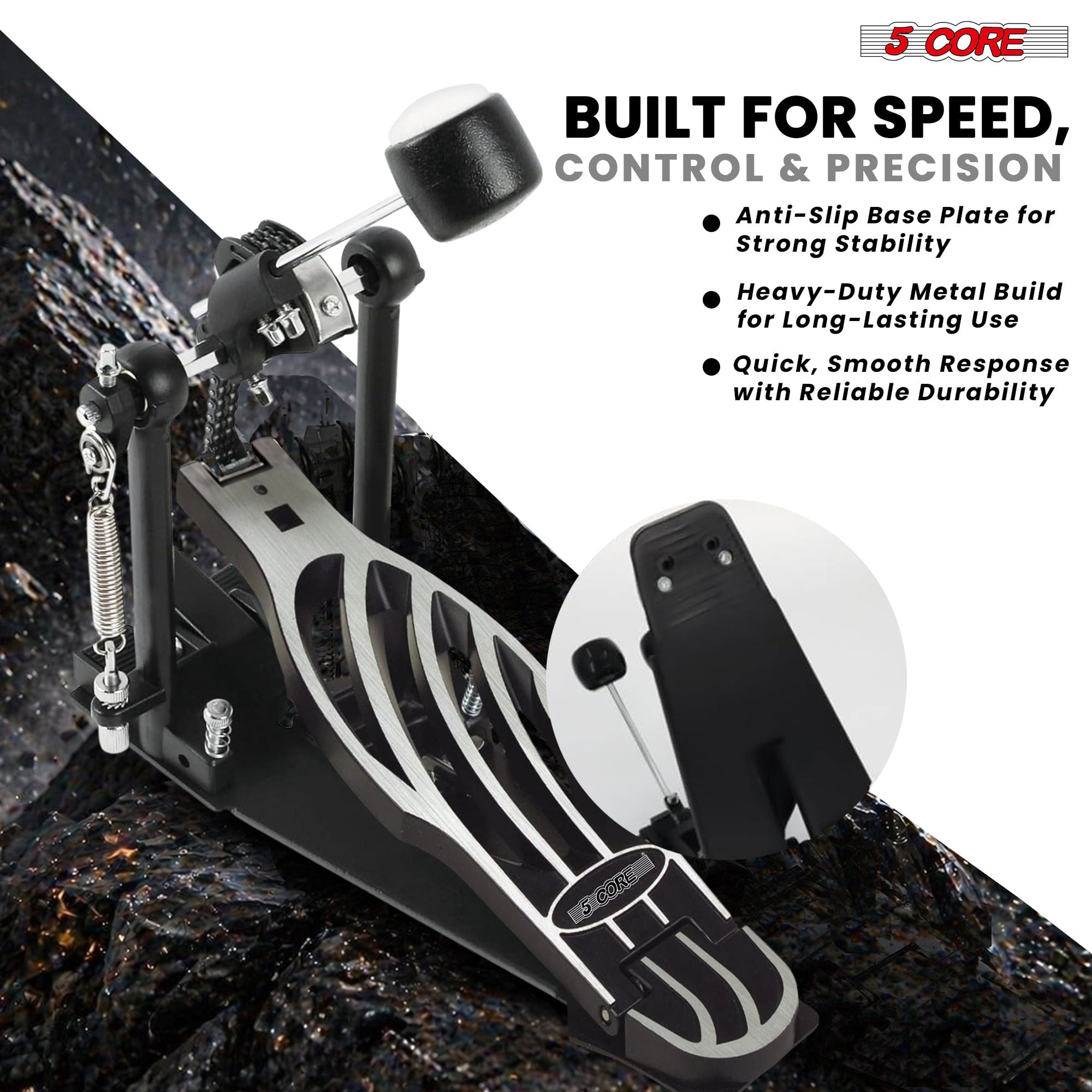 5 Core Bass Drum Pedal Mount Adjustable Felt Beater Head Single Chain Heavyduty Kick Drum Foot Pedal