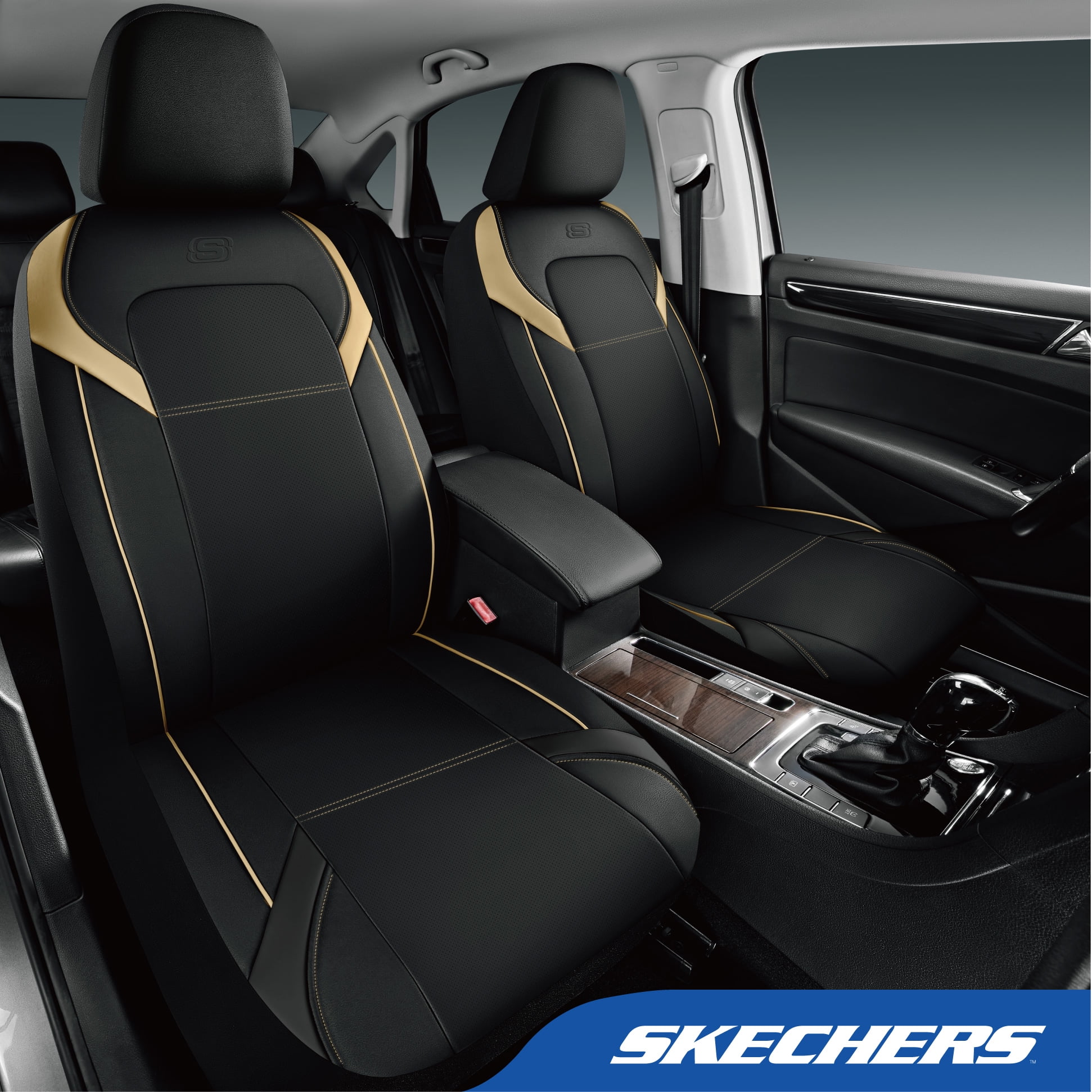 Skechers Premium Leather Car Seat Cover – Full Set, Durable, Breathable, Universal Fit for Cars, SUVs, and Trucks - Beige