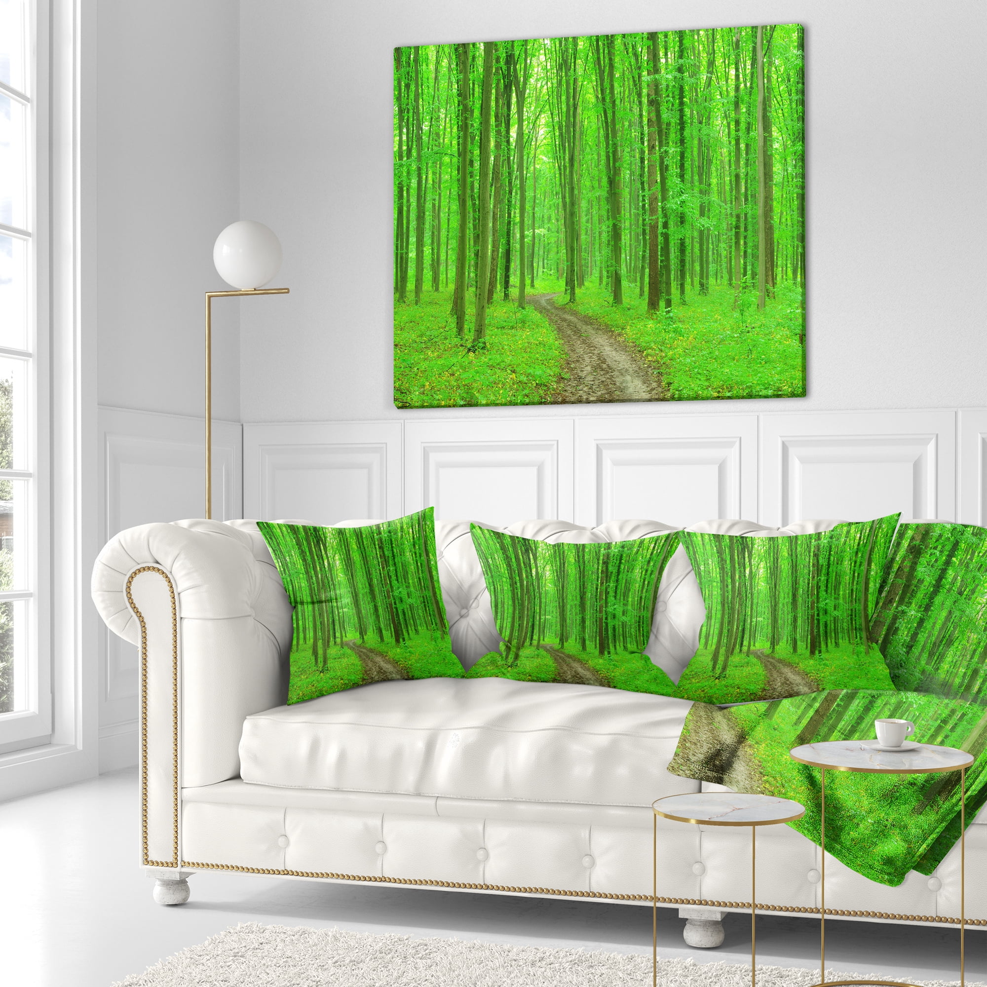 Designart Pathway in Bright Green Forest - Modern Forest Throw Pillow - 16x16