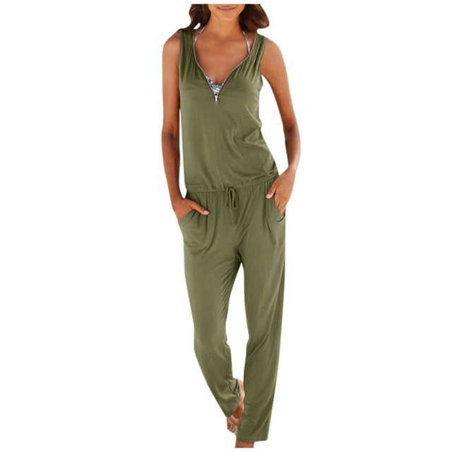 Fridja Womens Plus Size Solid Color Zip V-neck Cultivate One's Morality Jumpsuit