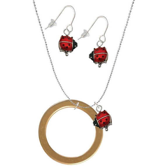 Delight Jewelry Acrylic 1 1/2" Ring Goldtone Red Lucky Ladybug Necklace and Dangle Earrings Set