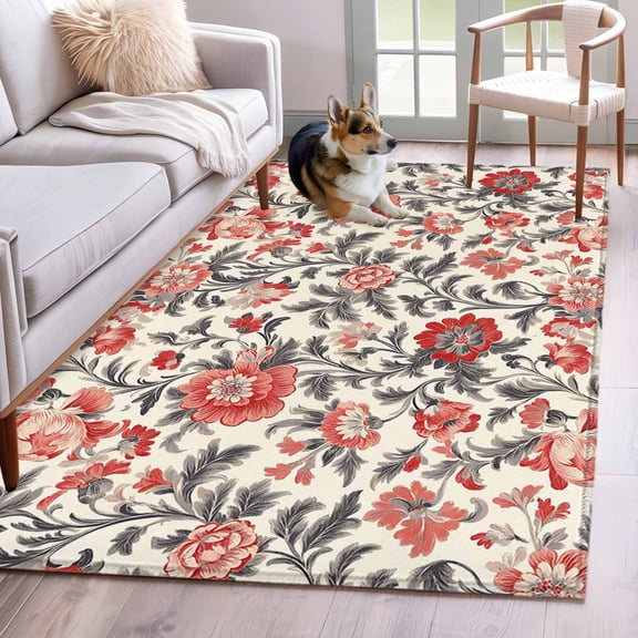 Area Rug for Living Room, Red Black Floral Non-Slip Indoor Large Carpet for Bedroom/Dining Room, Vintage Watercolor Flower Leaf Plant Washable Low-Profile Rectangle Floor Mat Runner Rugs - 3 x 5 Ft