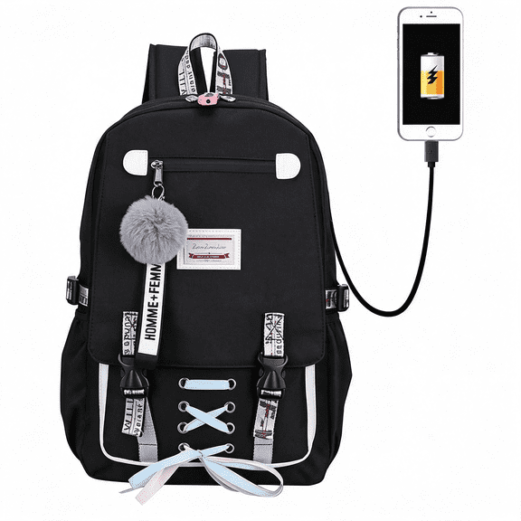 AOMRCOL Fashion Teenage Backpack Student Middle School Bag Men and Women Anti-Theft Laptop Backpack with Usb Charging Port Backpack with Charger (Black), One Size