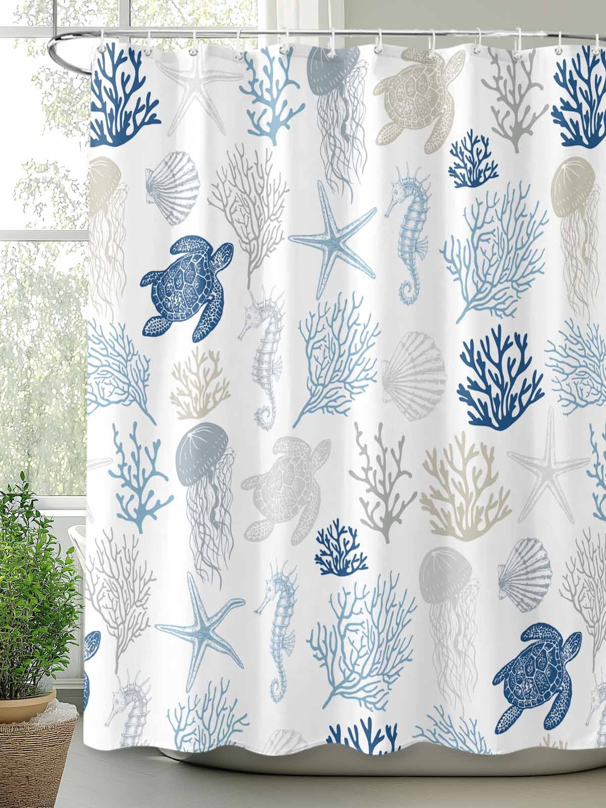 Navy Blue Coastal Waterproof Fabric Shower Curtain, Nautical Summer Beach Coral Sea Turtle Shower Curtain for Bathroom Curtains Bathtubs Hotel Washable Shower Curtains with 12 Hooks Extra Long 72x96