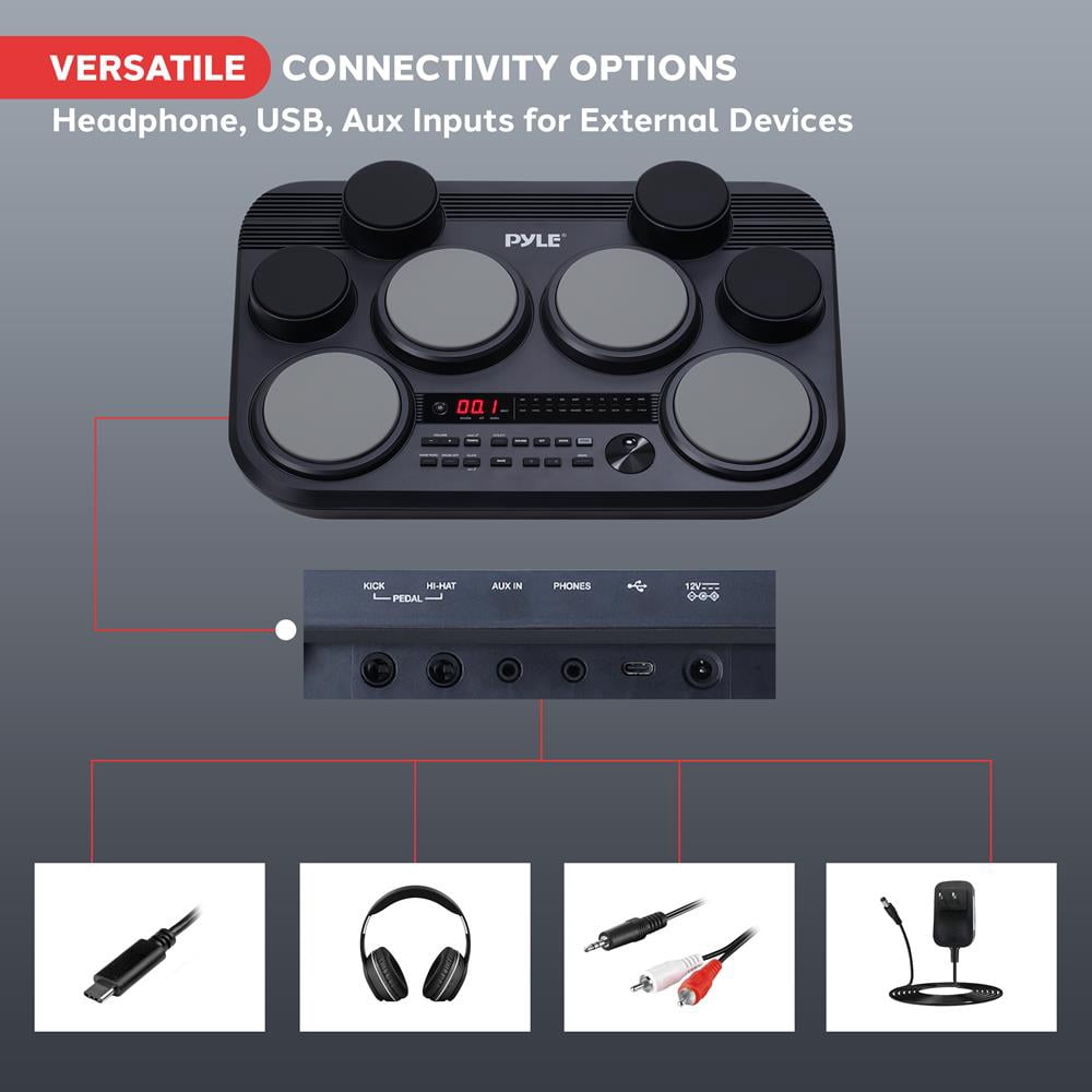 Pyle Electronic Tabletop Drum Pad Set – Portable Drum Kit with 8 Touch-Sensitive Pads, Pedals, 600 Sounds, 80 Preset Kits, USB & Headphone Outputs, MIDI/AUX Inputs (Black)