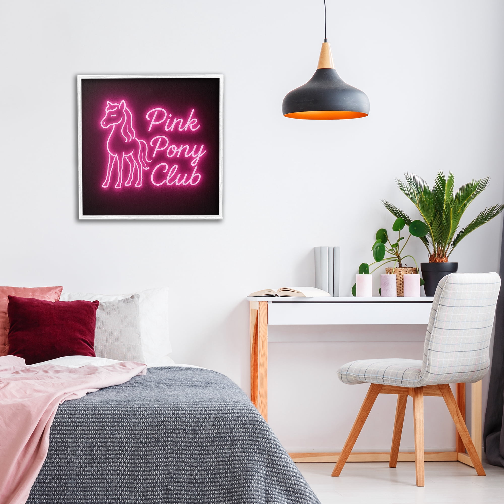 Stupell Industries Pink Pony Club Neon White Framed Giclee Art, design by Grotto Studios