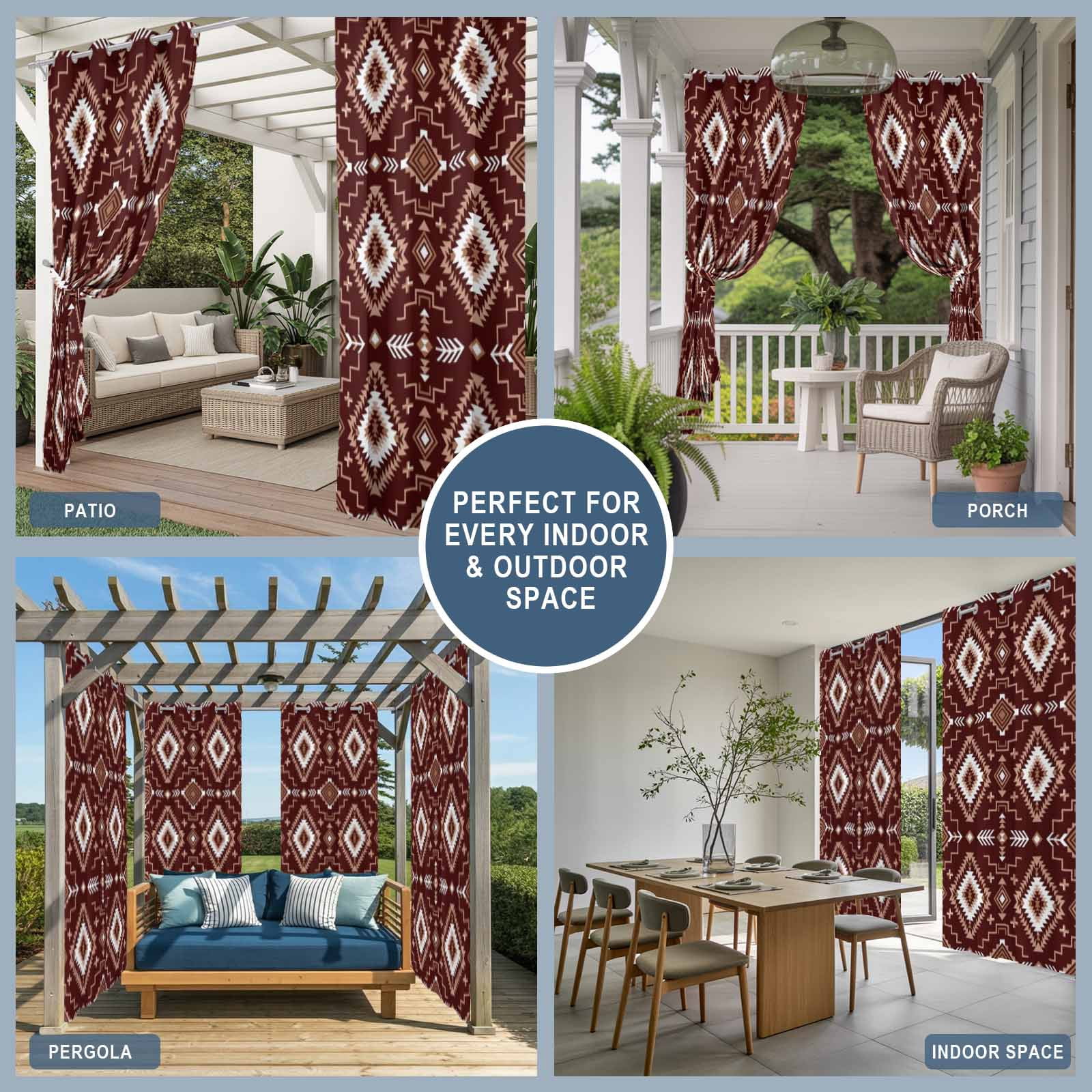 Brown Red Rectangle Outdoor Curtains for Patio, Tribal Retro Classic Geometric Abstract Sunshade Privacy Drapes Grommet Waterproof Outside Curtains for Porch/Cabana/Balcony 54"x 95", 1 Panel
