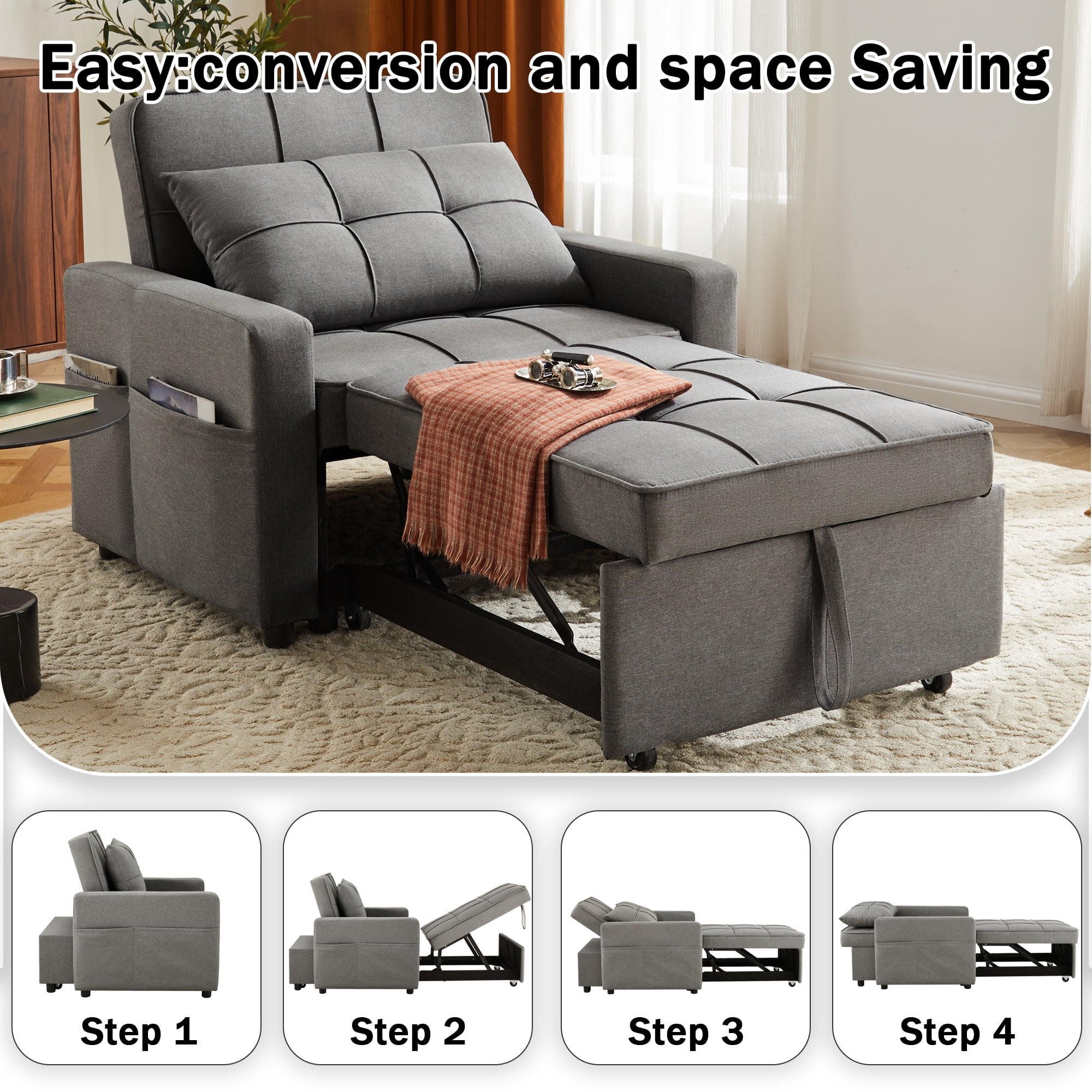 Gewnee 3‑In‑1 Folding Sofa Bed Chair, Convertible Sofa Bed and Office Chair, Adjustable Backrest Leisure Chair With Wheels & Handles & Side Pockets, Fit For Small Spaces, Dark Grey