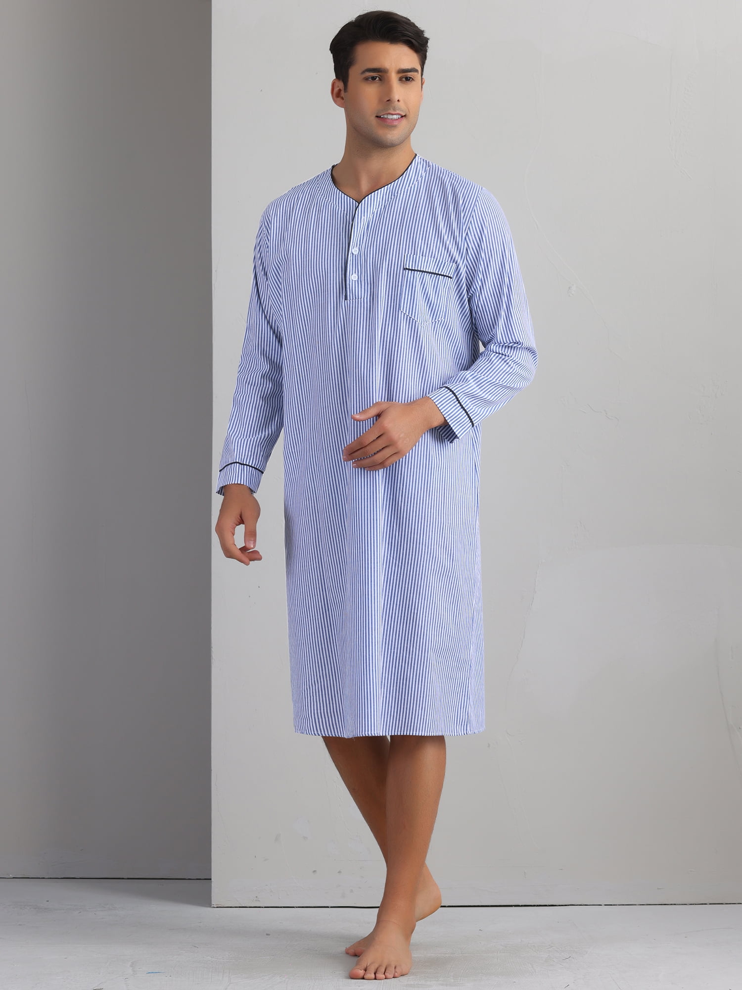 DARING DIVA Men's Striped V-Neck Button Front Long Sleeve Comfortable Nightshirt L Blue