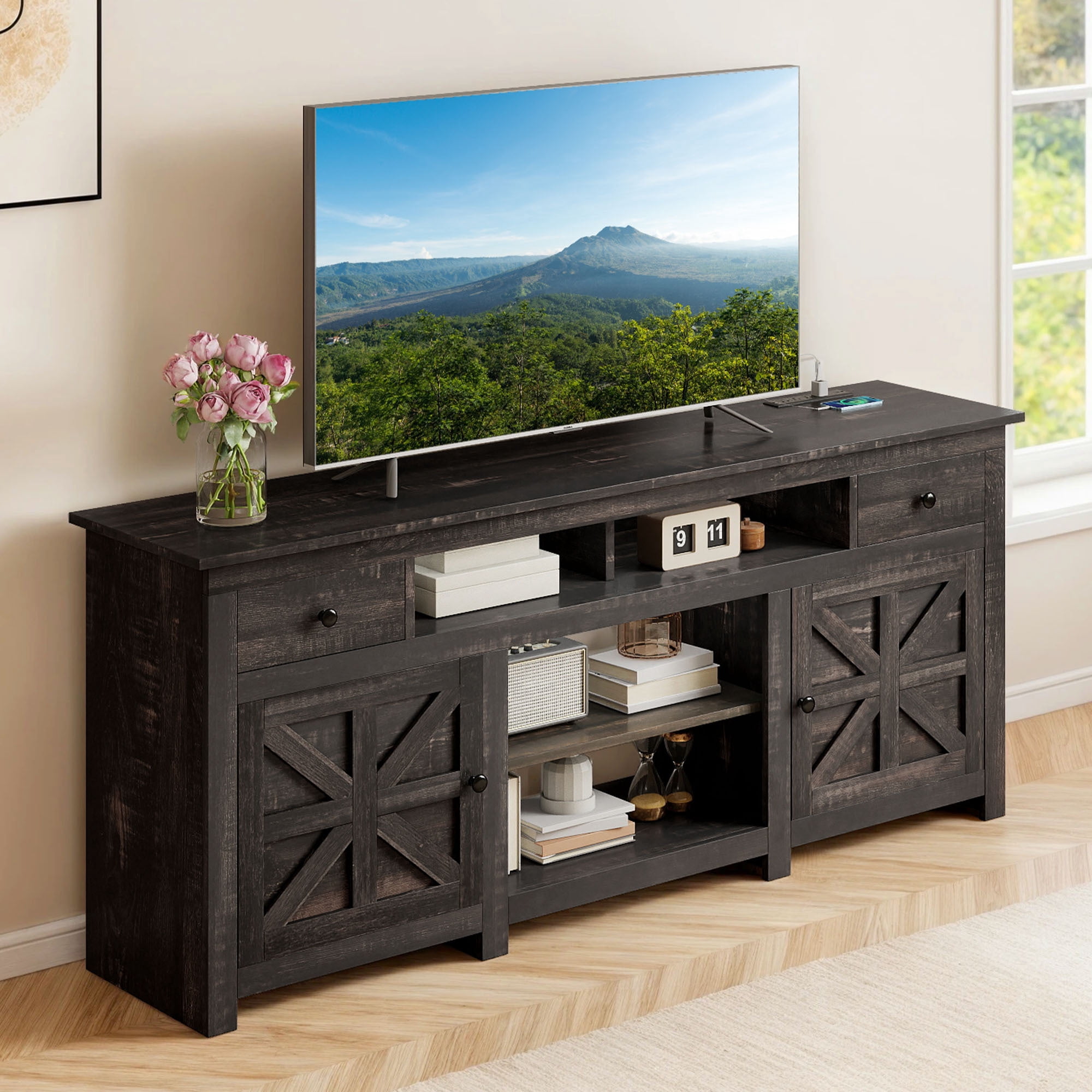 Uforic 70 Inch Modern Farmhouse TV Stand for 75/80 Inch TV with Built-in Power Outlets, 2 Cabinets & Open Compartments for Living Room, Brown