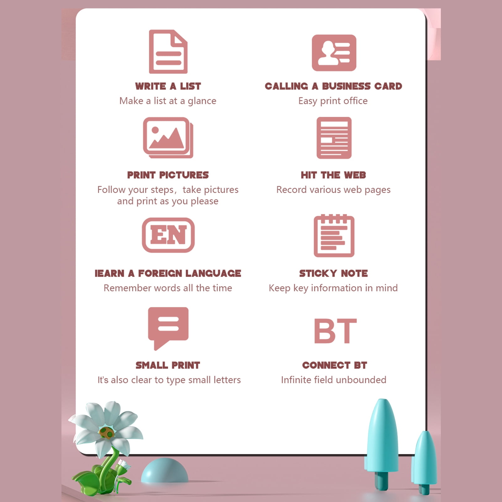 Mini Thermal Printer Multifunction Portable Sticker Maker Instant Photo Inkless Printing Support BT Connection for Smartphone with 9 Paper Rolls 57mm + 5 Self-Adhesive Paper Rolls + 5pcs Color