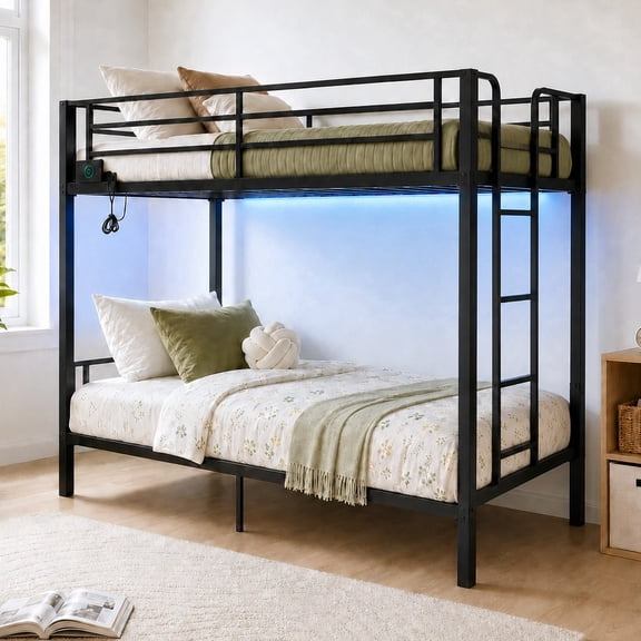 Ktaxon Twin-over-Twin Bunk Bed with LED Light, Metal Bed Frame with Charging Station, Black
