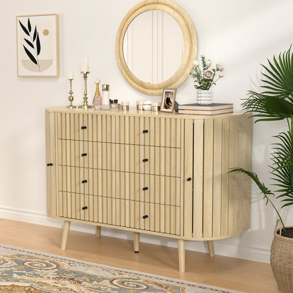 8 Drawer Dresser for Bedroom, Wood Chest of Dressers with Doors, Modern Fluted Dresser for Living Room, Wood
