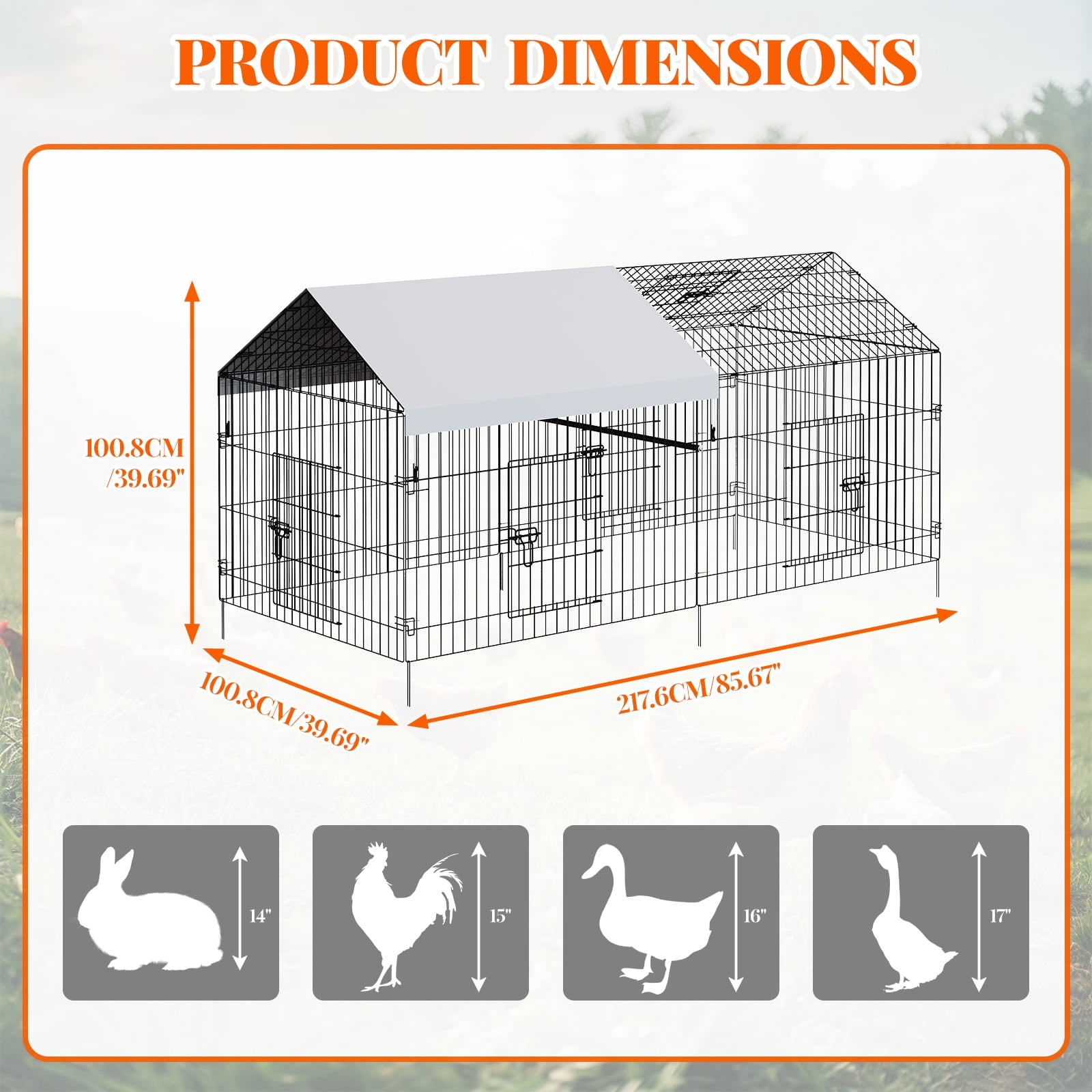 Heavy Duty Large Metal Chicken Coop - Walk-In Poultry Cage with Waterproof & UV-Resistant Cover - Portable Outdoor Hen House for Chickens, Ducks, Rabbits - Backyard & Farm Use - 86"L x 40"W x 40"H