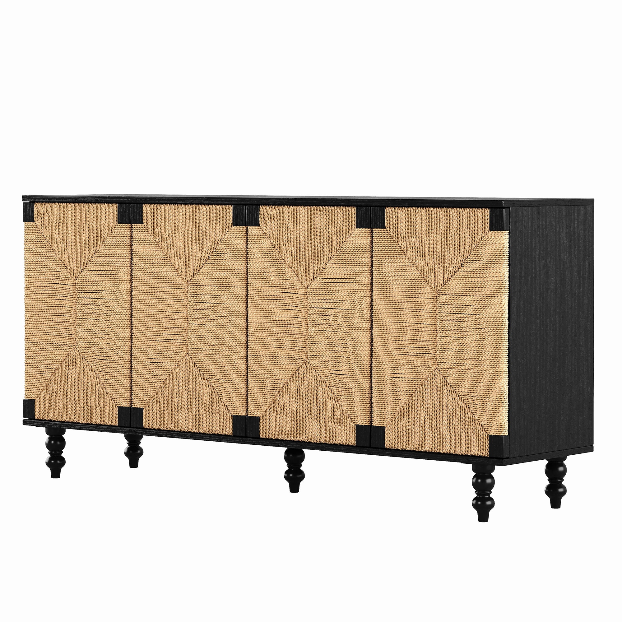GARITIN Sideboard Buffet Cabinet, Accent Storage Wood TV Stand with Wire-Brushed Seagrass Doors, 4-Compartment Cabinet for Hallway Entryway Dining Room, Black+Natural