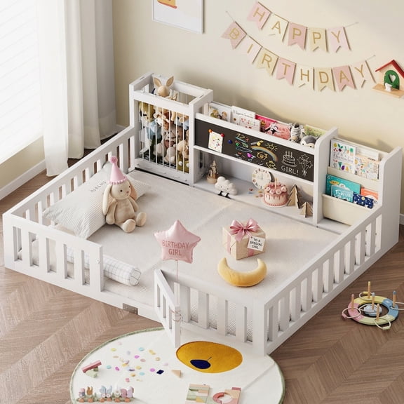 Advwin Twin Floor Bed with  Gate, Safety Rails, Blackboard, Bookshelf & Toy Storage, Sturdy Wooden Platform Bed Frame, White