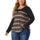 thumbnail image 1 of Women's Plus Size Blouse Stripe Pullover V Neck Button Decor Long Sleeve Knit T Shirt Black 4X, 1 of 7