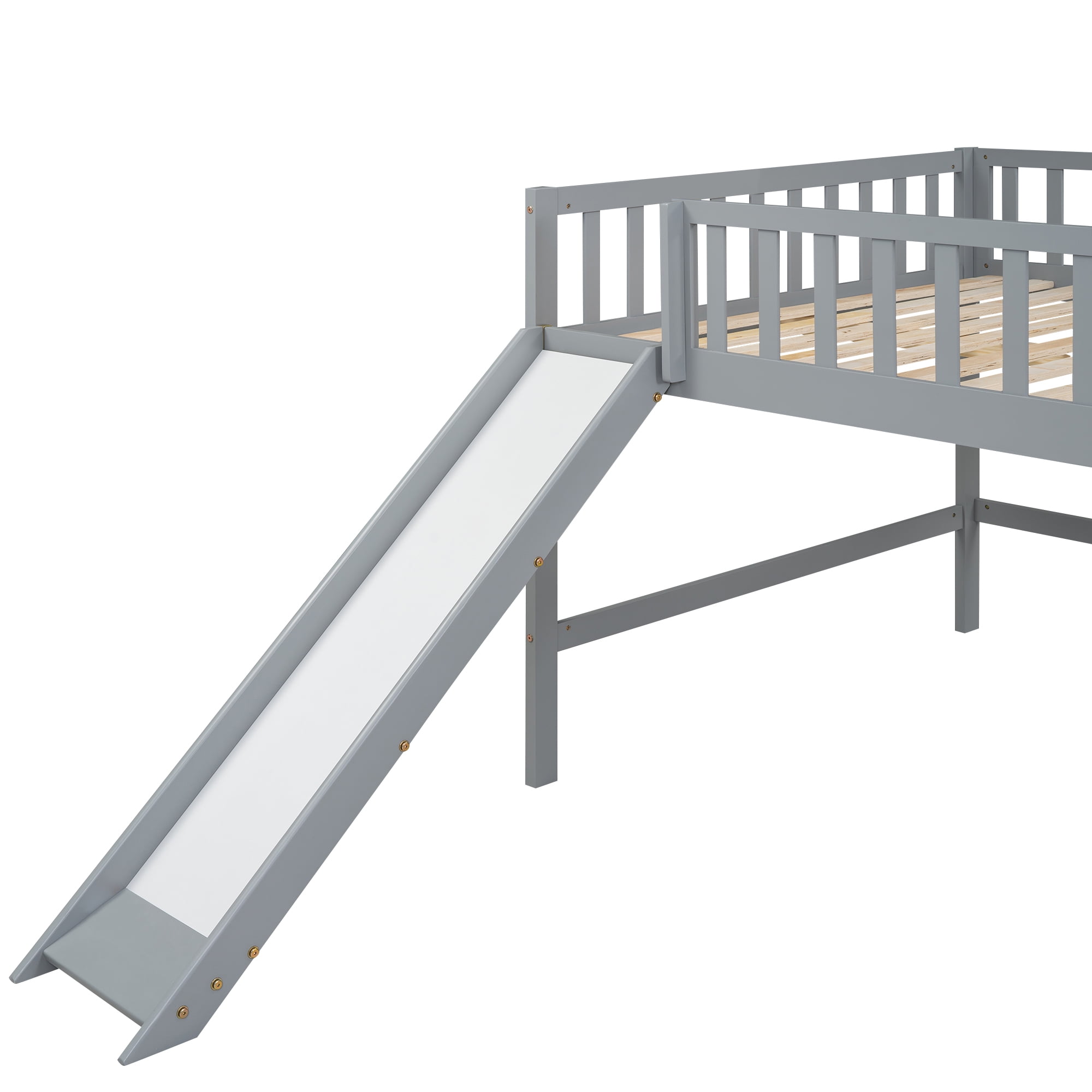 MAYEERTY Full Size Low Loft Bed with Ladder and Slide,Gray