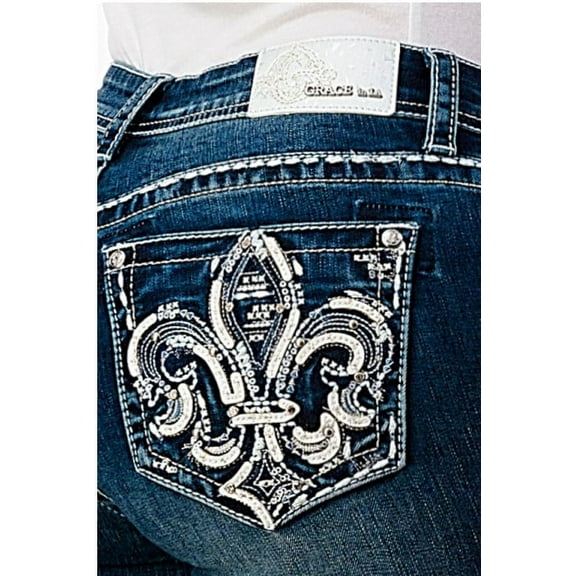 Grace In LA Women's Fleur De Lis Embellished Back Pockets Bootcut Stretch Jeans (25)