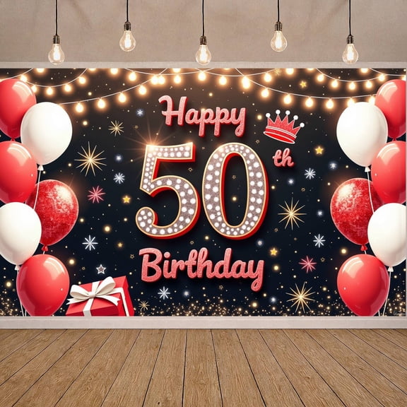 Red White Balloons 50th Birthday Banner Golden Stars Display Glitter Design Crown Decor 50th Celebration Backdrop for 50th Birthday Party Adult Birthday Celebration Indoor Party Decoration